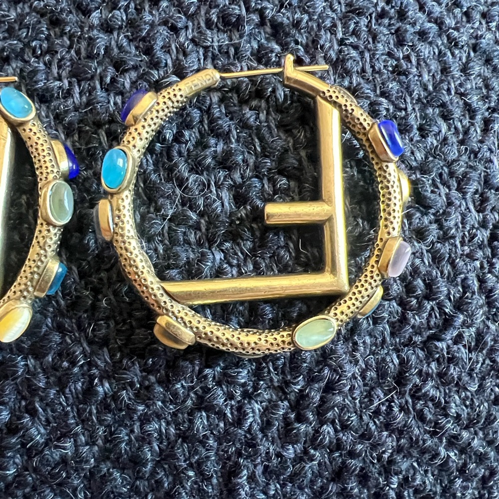 Fendi Gold Hoop Earrings with Turquoise Accents - Picture 12 of 12